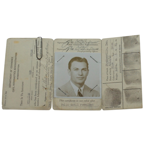 Ben Hogan Personal Airman Identification Card - Full Name Signature, Photo/Fingerprints JSA ALOA