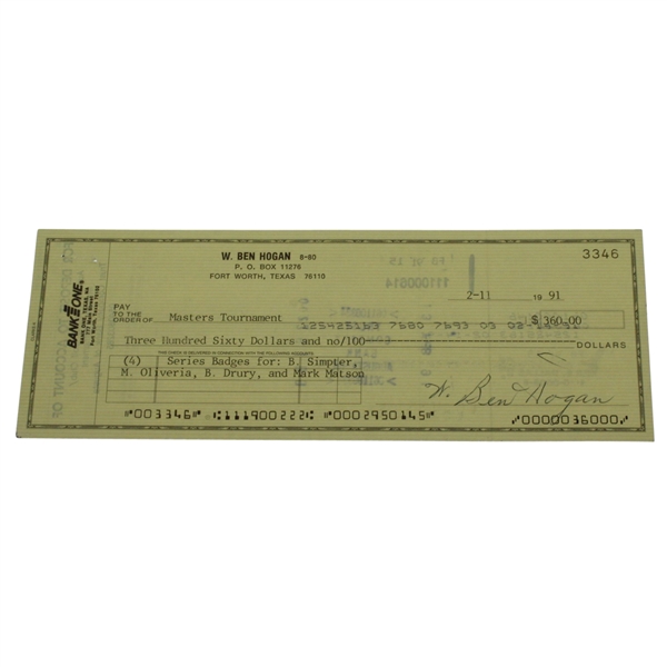 Ben Hogan Personal Check to Masters Tournament for 4 Series Badges JSA ALOA