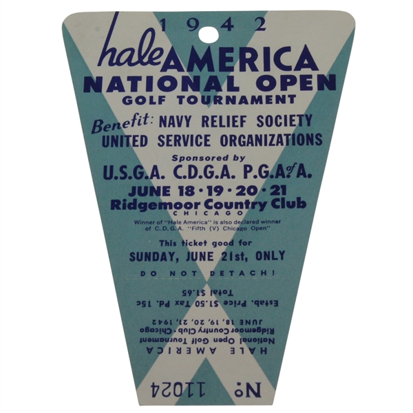 1942 Hale America National Open FINAL ROUND Sunday Ticket HOGANS First Major WIN ? - RARE