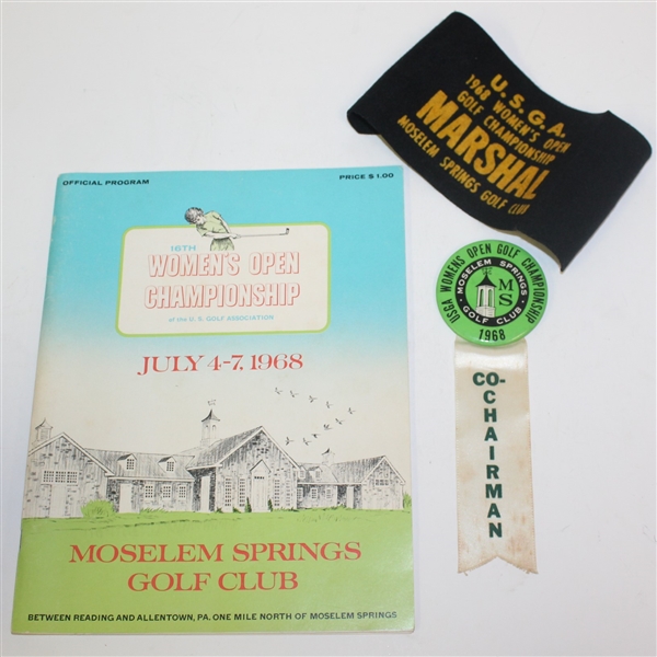 1968 Womens US Open Championship at Moselem Program, Arm Band, & Co-Chairman Badge