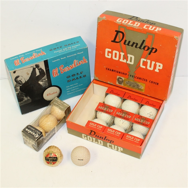 Al Besselink Golf Ball Box, Dunlop Box with 3 Sleeves, Tony Lema Sleeve, & Two Dunlop Golf Balls