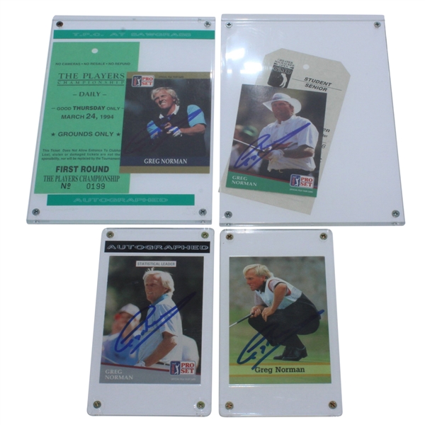Four Greg Norman Signed Golf Cards JSA ALOA