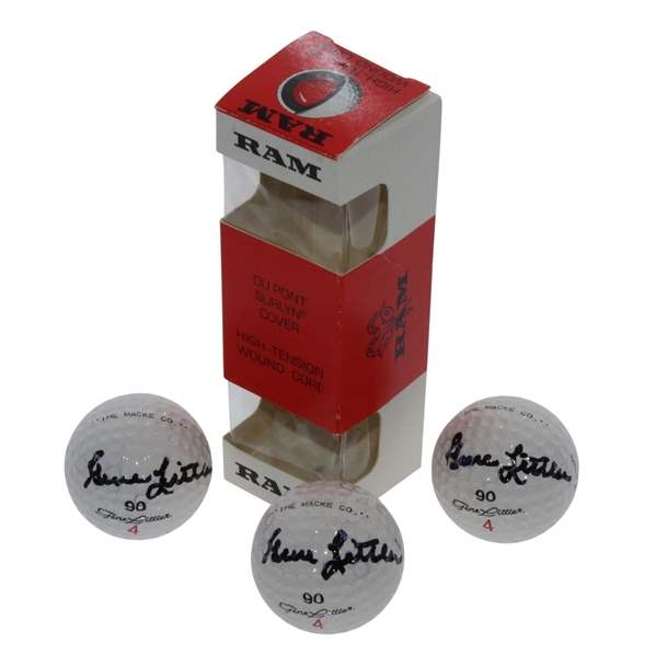 Three Gene Littler Signed Signature Golf Balls in Sleeve JSA ALOA