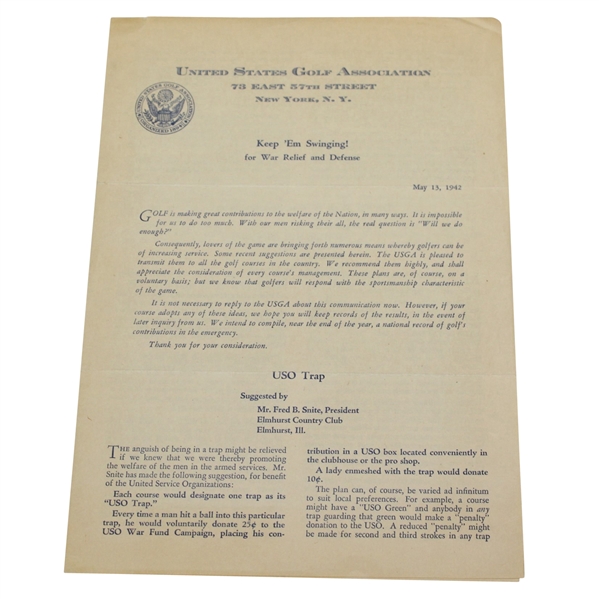 1942 USGA Keep Em Swinging! War Relief & Defense Support Letter - Seldom seen