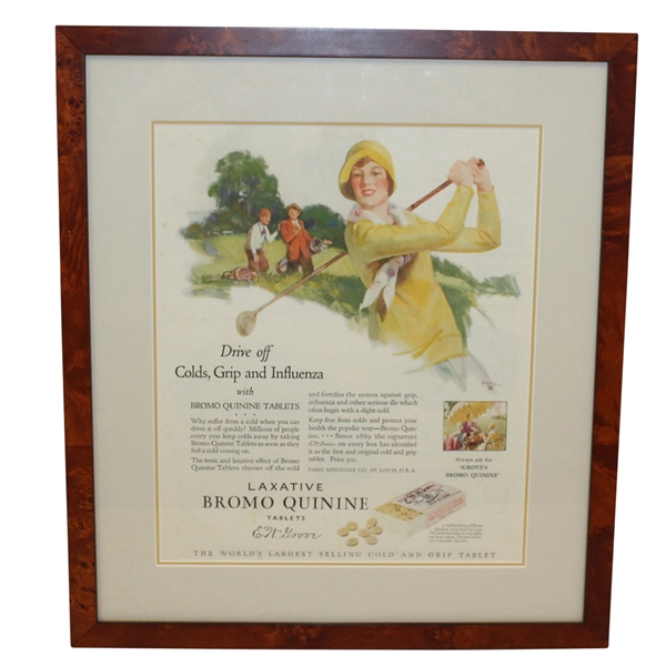 Groves Bromo Quinine Tablets Advertisement Featuring Female Golfer -Framed