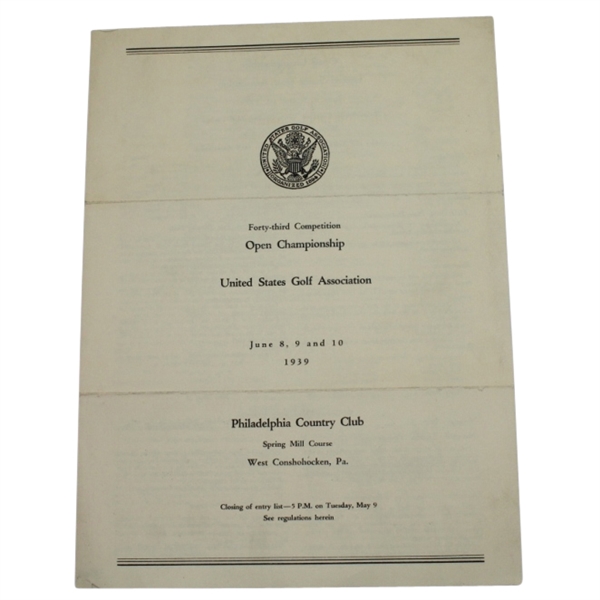 1939 US Open Championship at Philadelphia CC Contestant Entry Form - Blank