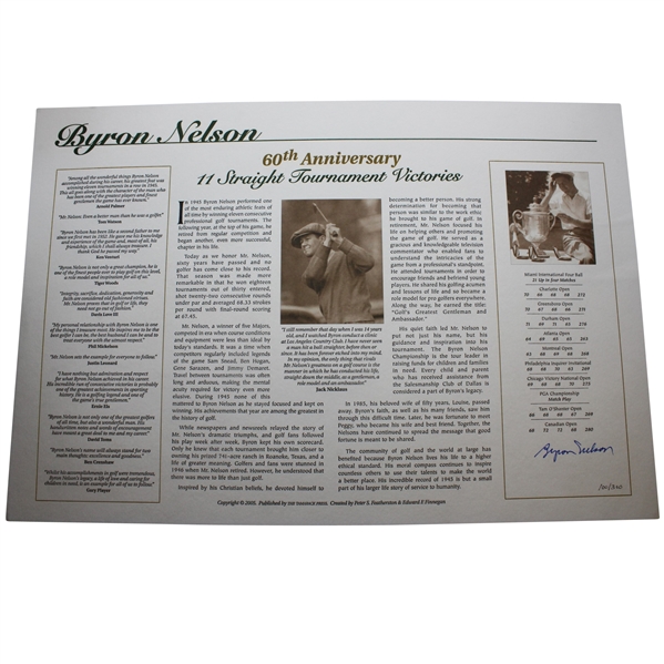 Byron Nelson Signed Ltd Ed 60th Anniversary of the Greatest Year in Golf Art Piece #100 JSA ALOA