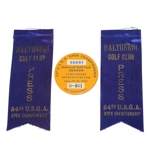 Two 1954 US Open at Baltusrol Press Ribbons & Guest Club House Badge Q-461