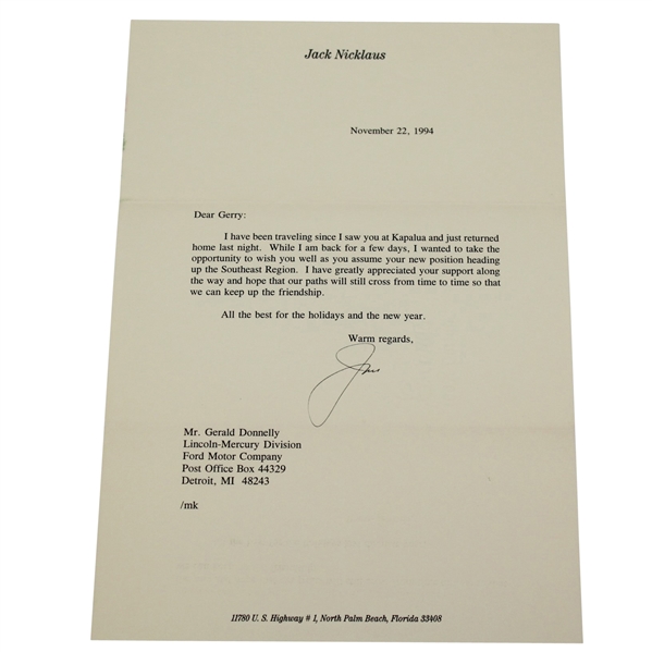 Jack Nicklaus Signed November 22, 1994 Letter on Personal Letterhead JSA ALOA