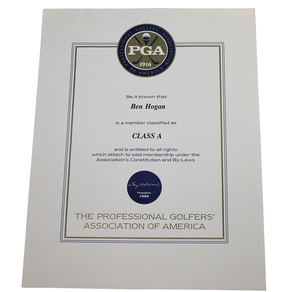 Ben Hogans 1994 PGA Class-A Certificate with Letter