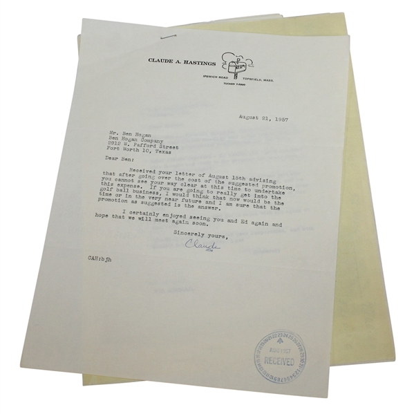 1957 Letter to Ben Hogan from Claude Hastings Regarding Acushnet Golf Ball Trailer and Photos