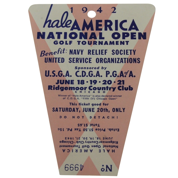 1942 Hale America National Open Golf Tournament Saturday Ticket - Hogans First Major Win? - RARE