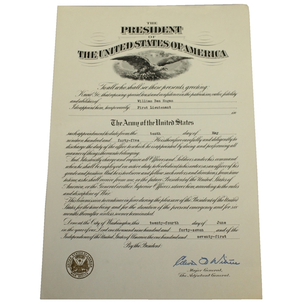 Ben Hogans Personal Official Military Papers -  1945 Promotion to First Lieutenant
