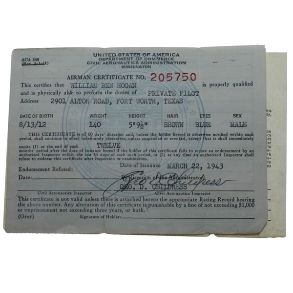 Ben Hogan Signed US Department of Commerce Airman Certificate March 22, 1943 JSA ALOA