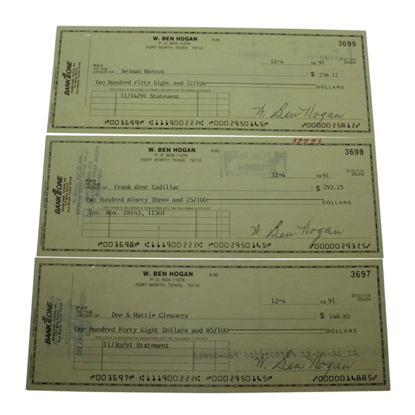 Three Ben Hogan Signed BankOne Checks JSA ALOA