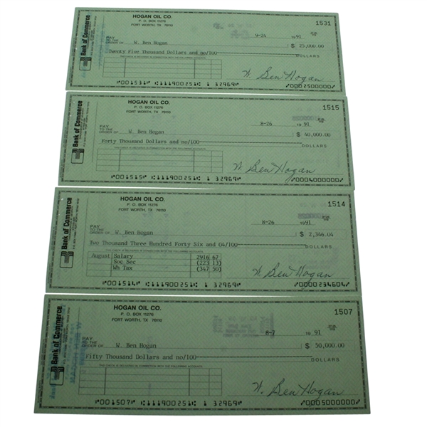 Four Ben Hogan Signed Hogan Oil Co. Checks - High Cash Values JSA ALOA