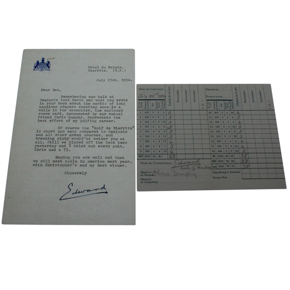 Edward Duke of Windsor Personal Low Round Scorecard & Signed Letter to Ben Hogan,  JSA ALOA
