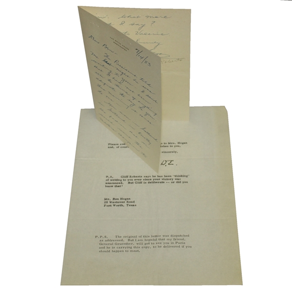 Pres. Eisenhower Letter & Clifford Roberts Note to Ben Hogan - Congrats on British Open Win JSA ALOA