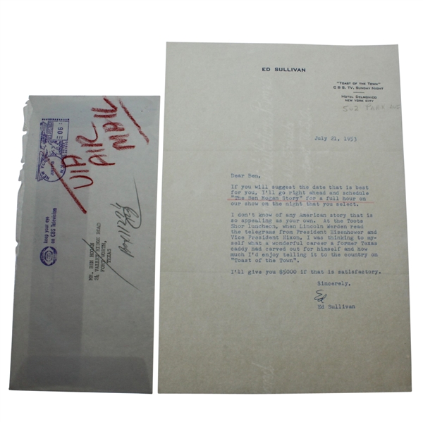 Ed Sullivan Signed Letter to Ben Hogan - Offering $5K For Appearance The Ben Hogan Story JSA ALOA
