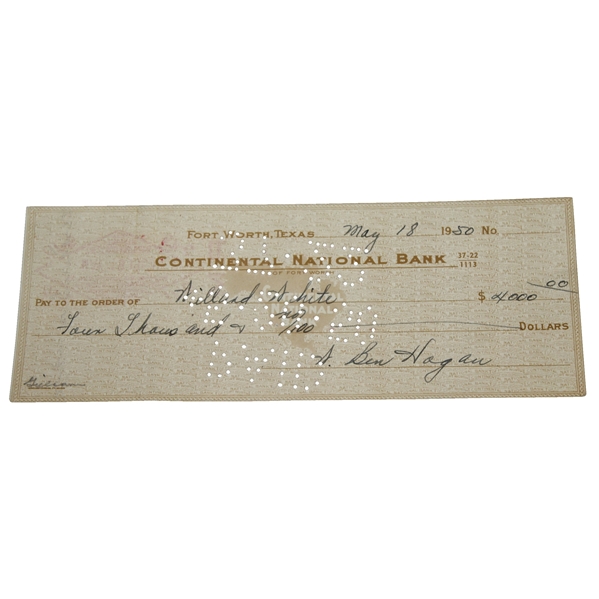 Ben Hogan Signed 1950 Continental National Bank VINTAGE Check JSA ALOA