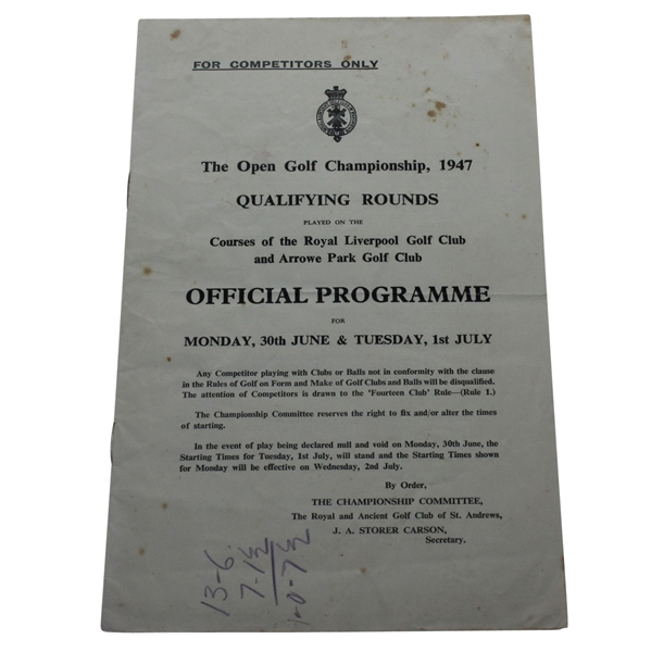 1947 Open Championship Qualifying Rounds Official Program - For Competitors Only