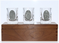Three Pewter Emblem Glass Golf Shot Glasses in Original Wood Box