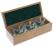 Three Pewter Emblem Glass Golf Shot Glasses in Original Wood Box