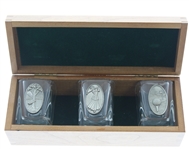 Three Pewter Emblem Glass Golf Shot Glasses in Original Wood Box