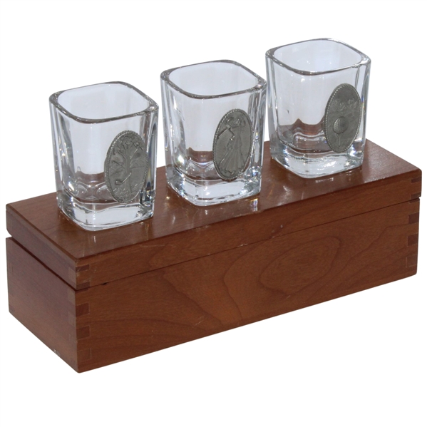 Three Pewter Emblem Glass Golf Shot Glasses in Original Wood Box