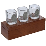 Three Pewter Emblem Glass Golf Shot Glasses in Original Wood Box