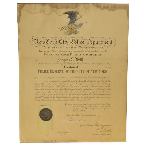 Rodman Wanamaker (Founder PGA Champ.) Signed 1918 NYC Police Commission Document FULL JSA #X91823