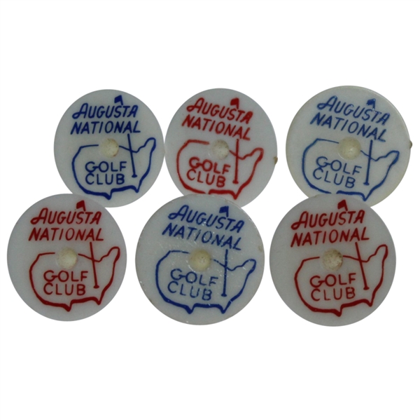 Six Classic Augusta National Golf Club 1970s Red/Blue Ball Markers