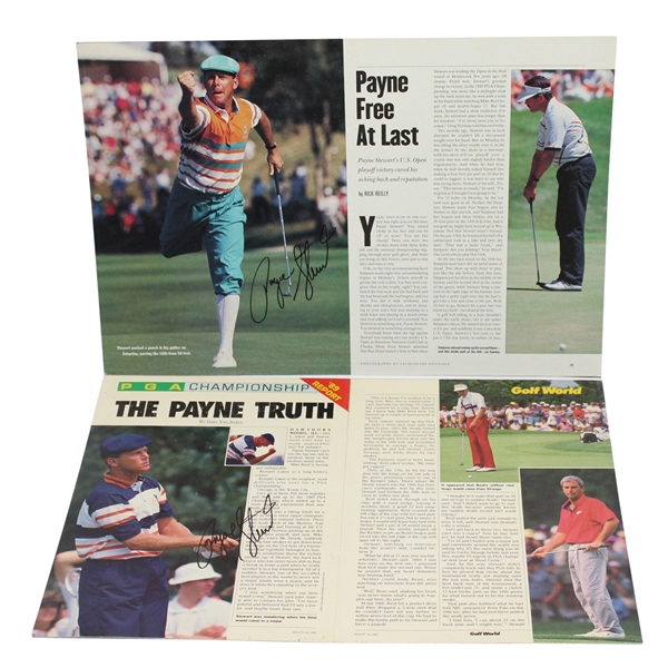 Lot of Two Payne Stewart Signed Interior Magazine Layouts JSA ALOA