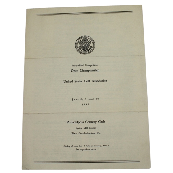 1939 US Open Championship at Philadelphia CC Contestant Entry Form - Blank
