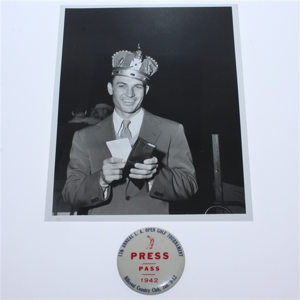 1942 Los Angeles Open Ben Hogan Champ Wire Photo with Press Pass Badge 