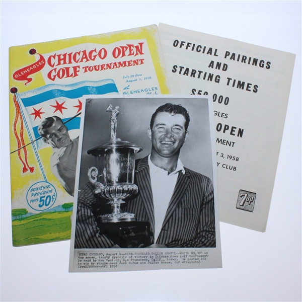 1958 Chicago Open Program, Pairing Sheet, & Winner Venturi 8x10 w/Trophy