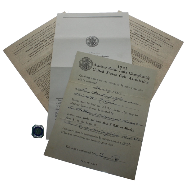 1941 Public Links Entry Form, Application, Announcement, & Contestant Badge