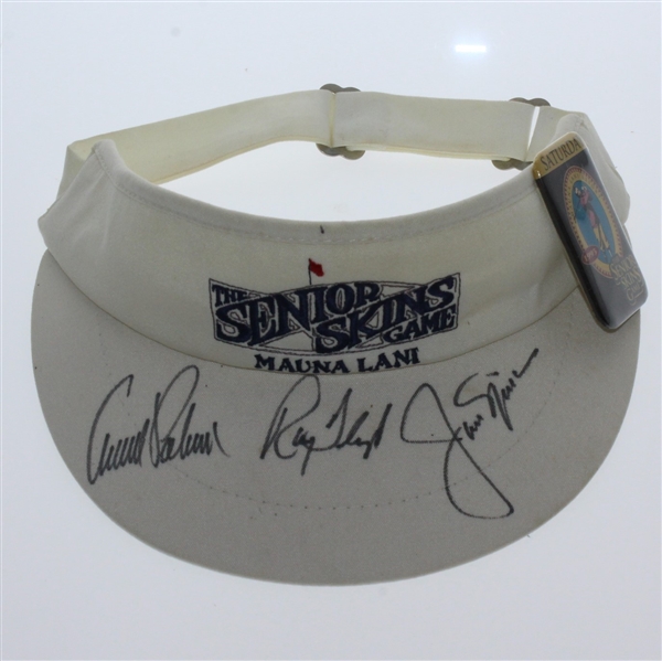 Arnold Palmer, Jack Nicklaus, & Ray Floyd Signed Skins Game Visor with Badge JSA ALOA