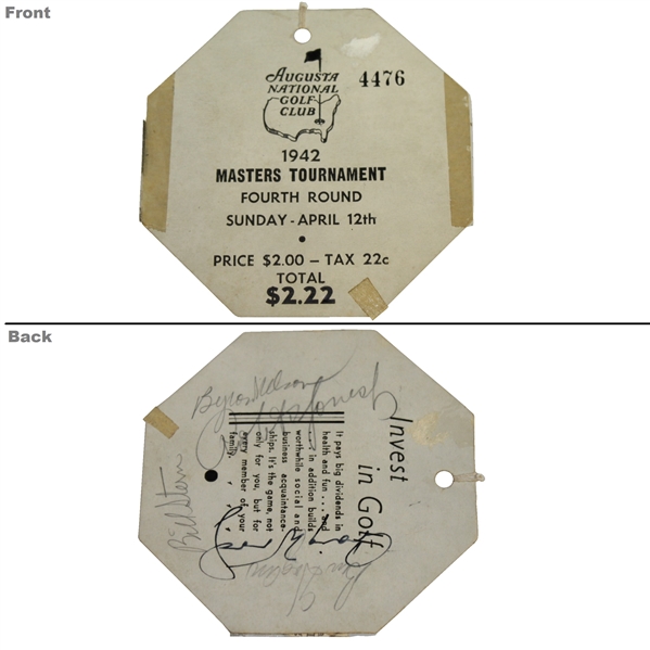 1942 Masters Sunday Ticket Signed by Bobby Jones, Craig Wood, Hogan, & Nelson JSA ALOA