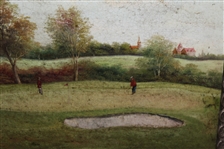19th Century Golf Course Painting - Golfer's on the Putting Green - Framed