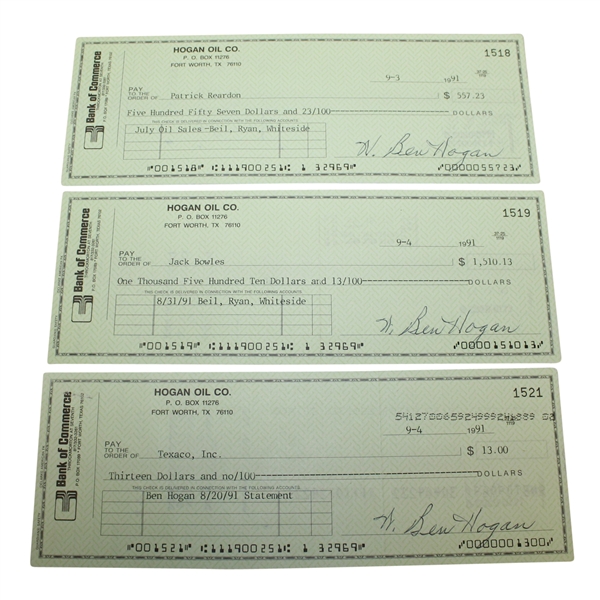 Three Ben Hogan Signed Hogan Oil Co. Checks JSA ALOA