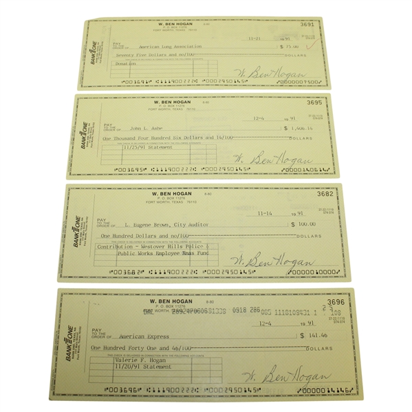 Four Ben Hogan Signed BankOne Checks JSA ALOA