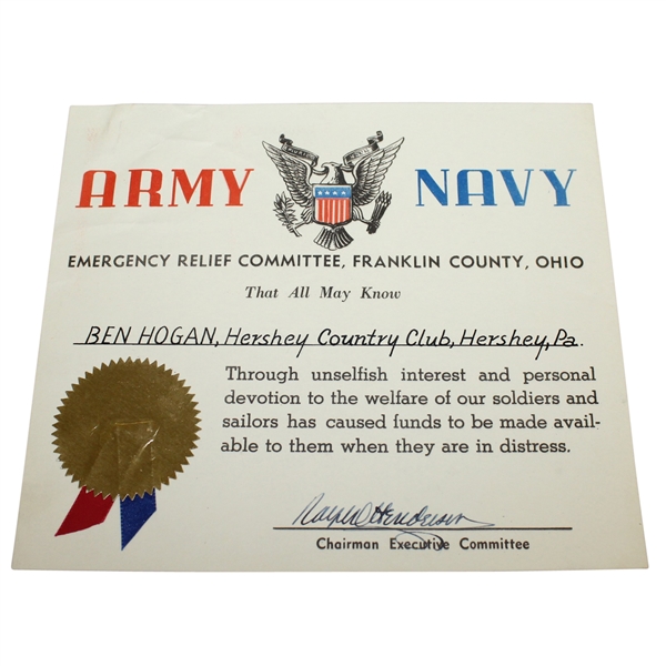 Ben Hogans Army/Navy War Relief Fund Certificate