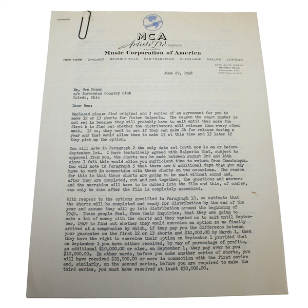 Music Corporation of America Letter to Ben Hogan Regarding Short Films