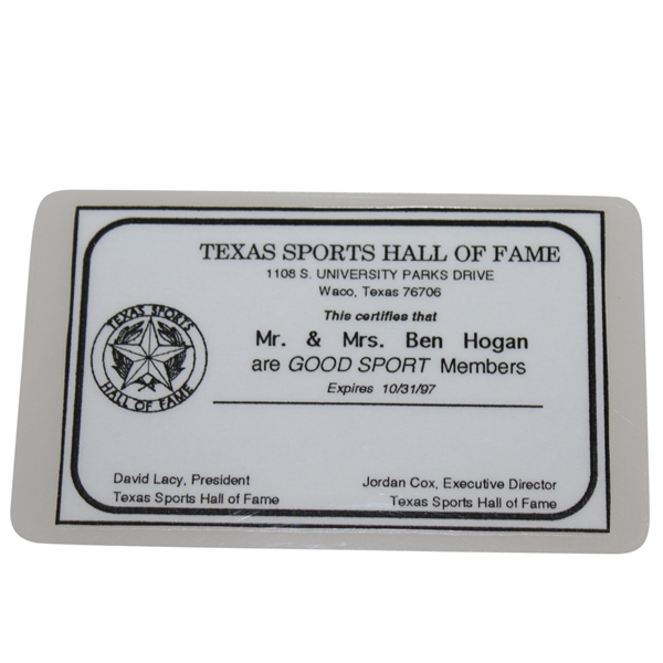 Ben & Valerie Hogans Texas Sports Hall of Fame Membership Card