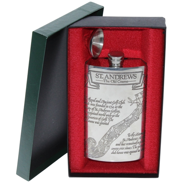 St. Andrews The Old Course Pewter Flask with Course Layout - Excellent Condition with Funnel & Box