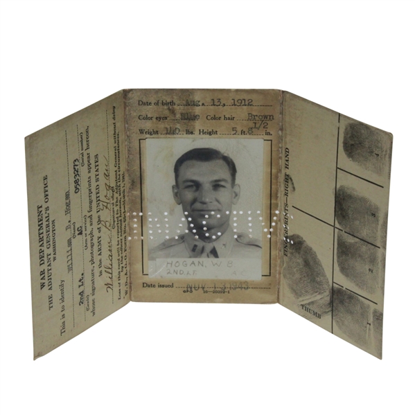 Ben Hogans War Department Officers ID Card - Full Name Signature, Photo, & Fingerprints JSA ALOA