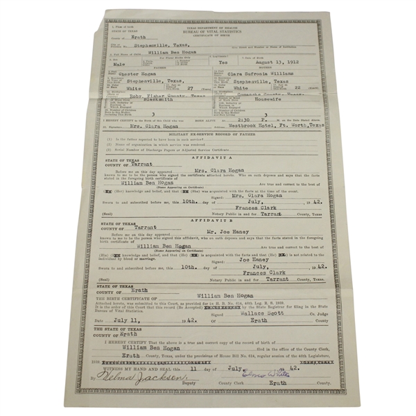 Ben Hogans Personal 1942 Texas Dept. of Health Record of Birth (Birth Certificate 8/13/1912)