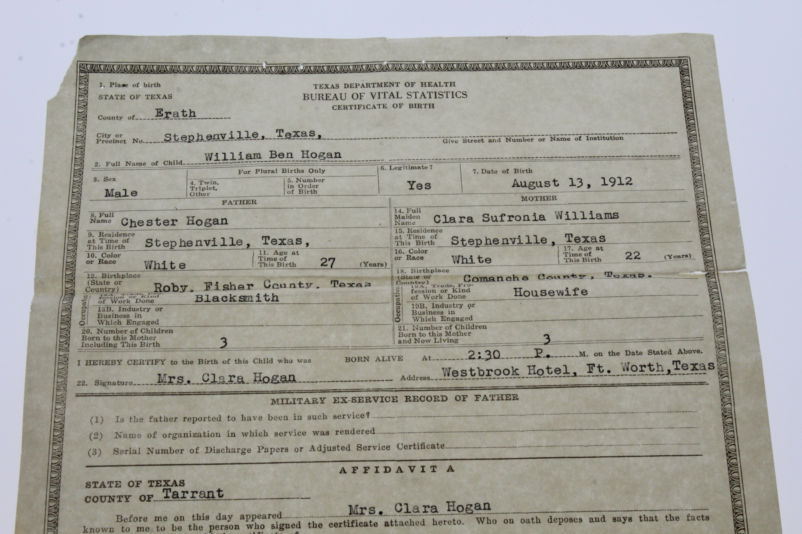 Ben Hogan's Personal 1942 Texas Dept. of Health Record of Birth (Birth Certificate 8/...