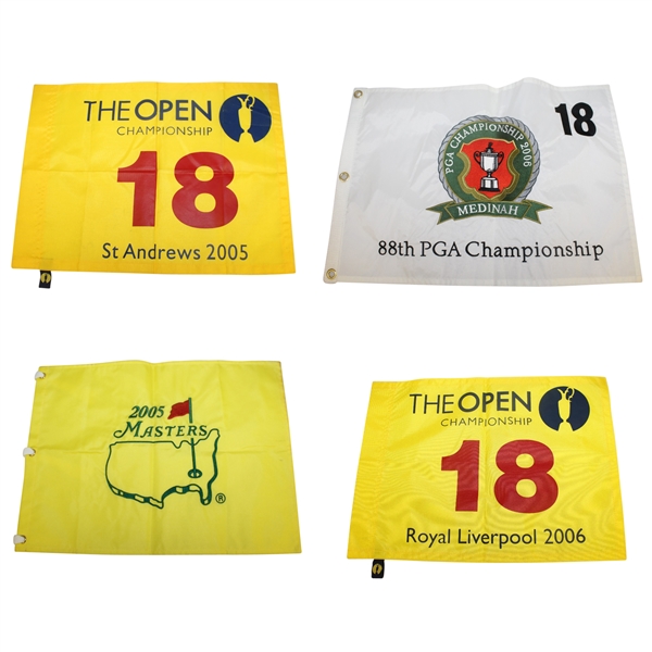 Flags from Tiger Woods Major Victories - 2005 Masters, 2005 & 2006 Open, & 2006 PGA